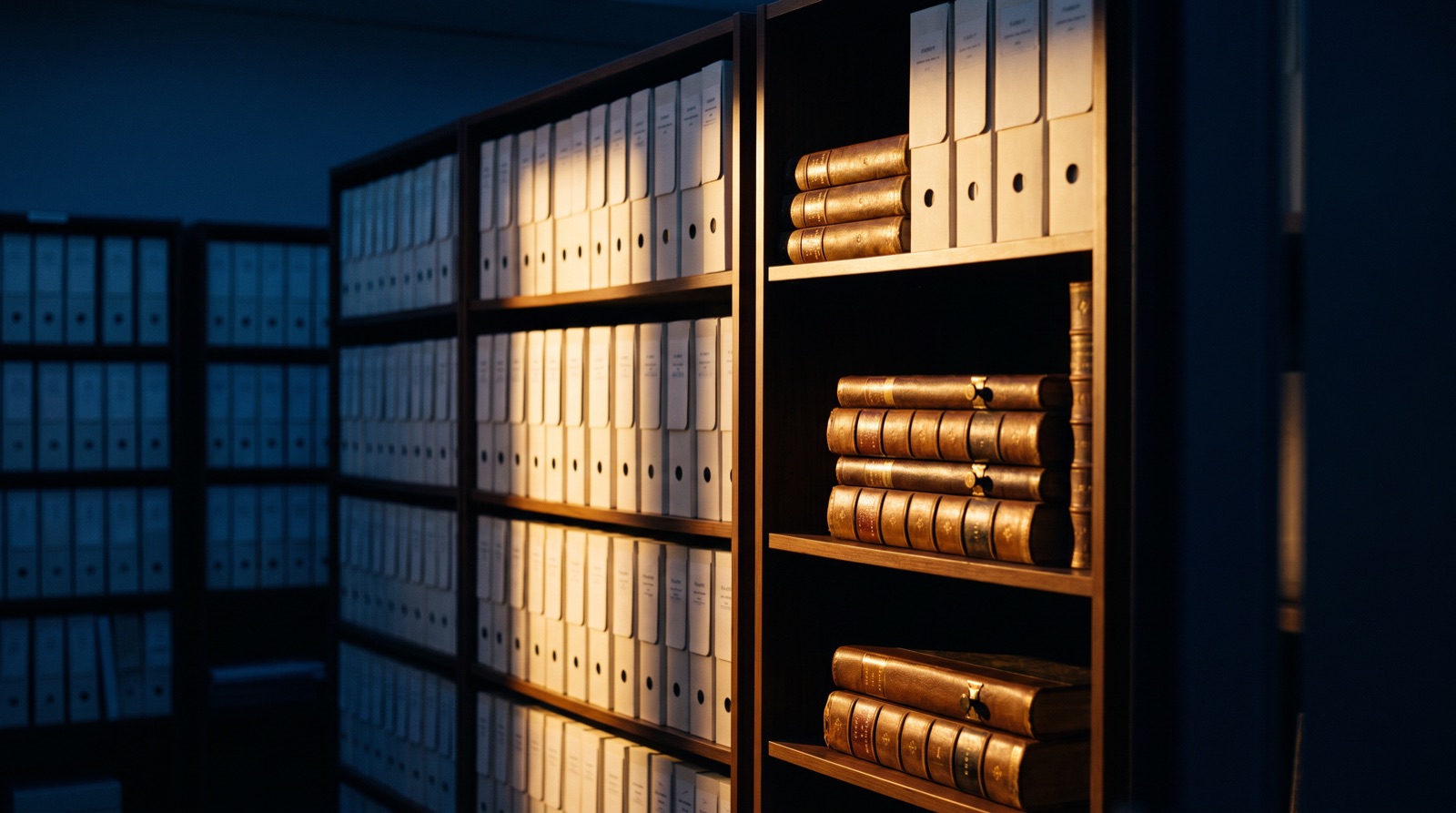 Sala d'archivio silenziosa: scaffalature in legno scuro con faldoni e registri rilegati allineati, illuminati di lato da una luce calda.