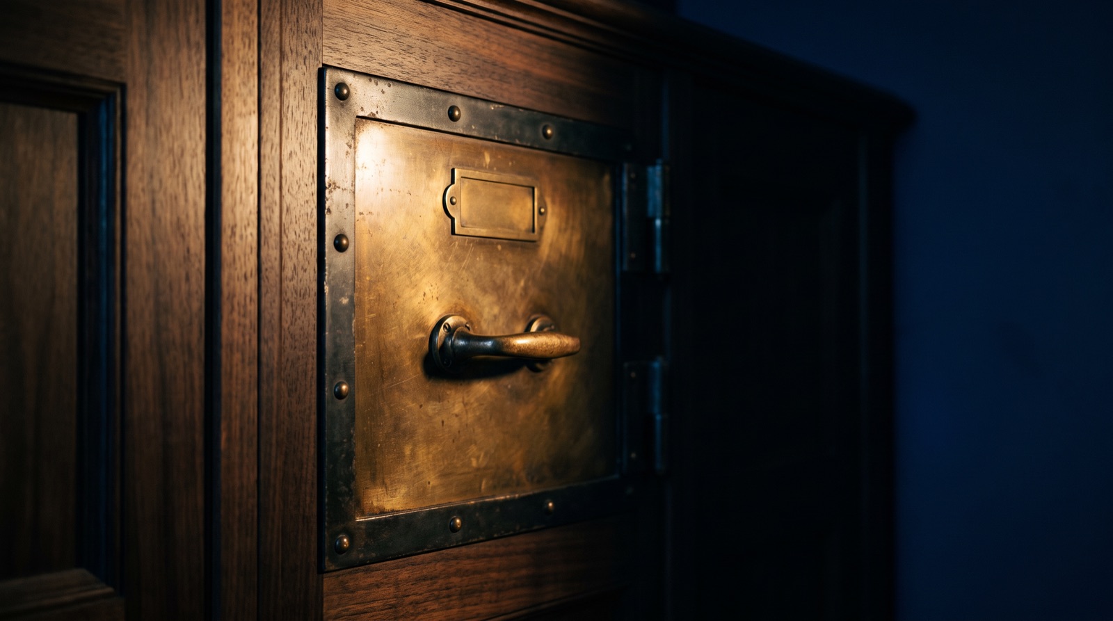 Anta chiusa di un armadio d'archivio in ottone e acciaio scuro, incassata in una boiserie di noce, con la maniglia illuminata di lato.